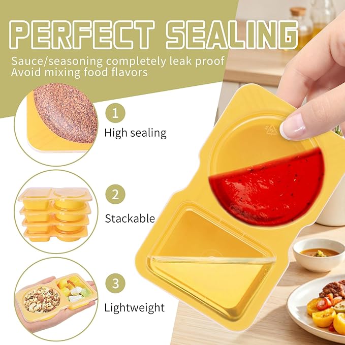 20 Pack Reusable Snack Containers with Lids - Double Compartment Condiment Snack Pack Containers with 20 Fork, Microwave Safe Portion Control Containers for Meal Prep, Take-out, Party & Travel(Yellow)