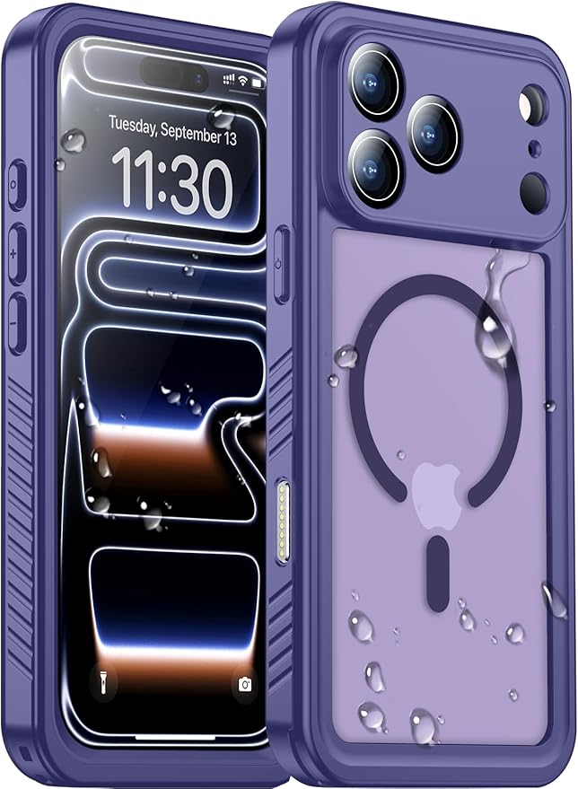 Magnetic Compatible with iPhone 17 Pro Max Case,Waterproof Built-in Screen & Camera Protector IP68 Underwater Full Body Military Dropproof Translucent Matte Phone Case 6.9"-Mag/Purple
