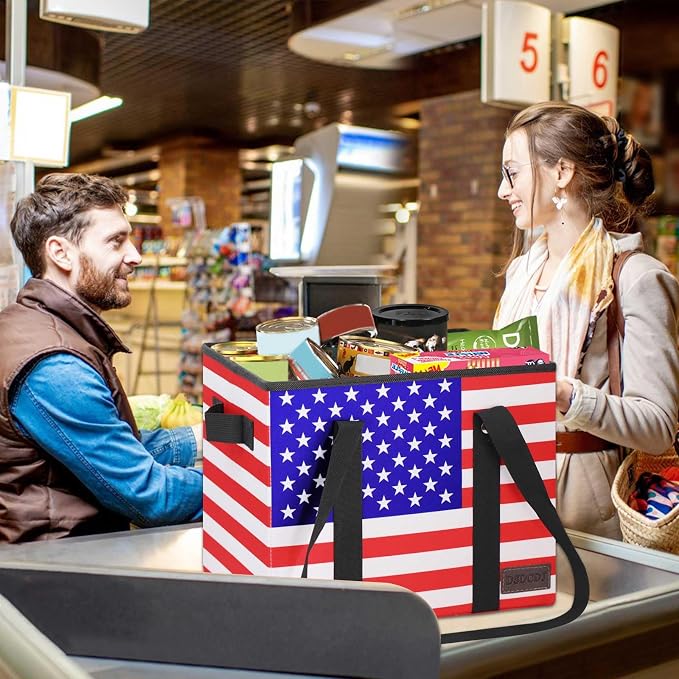 Patriotic Bags - Heavy Duty Reusable Grocery Bags with Hard Bottom & Long Handles, Foldable Reusable Shopping Bags with Box Shape to Stand Up, 3 Pack, Patriotic