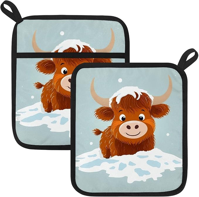 Cartoon Snow Highland Calf Pot Holders with Pockets 2 PCS, Heat Resistant Oven Mitts Hot Pads for Kitchen Baking Cooking, Square Thick Pot Holders Kitchen Hot Potholders, 8.5x10 Inches