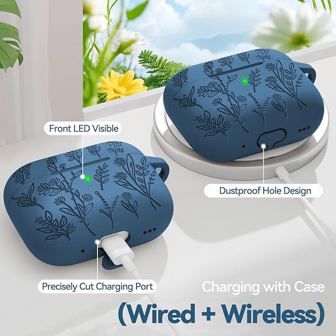 for AirPods Pro 2 Case, Ekoonpft Silicone AirPod Pro Cases with 3-in-1 Cleaning Kit & Keychain, Flower Engraved Cover for Apple AirPods Pro 2nd/1st Generation, Shockproof & Anti-Scratch