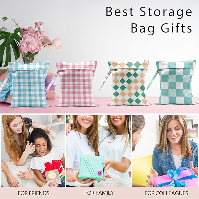 Wet Bag, 4Pcs Wet Dry Bag Set, Reusable Waterproof Bags with Fresh Plaid Patterns for Women, Suitable for Beach Trips, Pool Activities & Daily Organizing