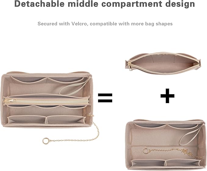 Purse Organizer Insert, Handbag Organizer with Zipper, Tote Shaper with Cup Holder & Keychain, Compatible with LV, Neverfull, MK, COACH, Longchamp, Kate Spade – Khaki-Lg