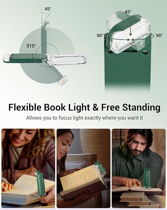 DEWENWILS USB Rechargeable Book Reading Light, LED Clip on Booklight Flexible Reading Lights in Bed, Car at Night, 4 Brightness Adjustable, Perfect for Bookworms, Kids (Dark Green)