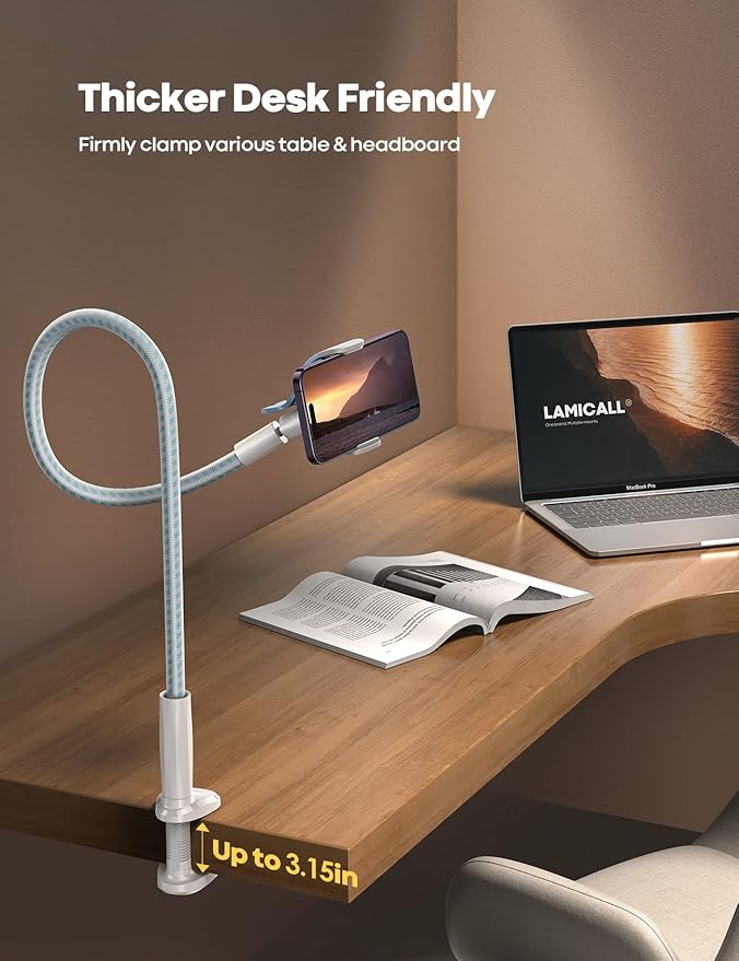 Lamicall Gooseneck Phone Holder Bed - [Nylon Braided] Flexible Arm, Overall Length 38inch, 360 Adjustable Clamp Clip, Overhead Cell Phone Mount Stand for Bed, Desk, White & Blue