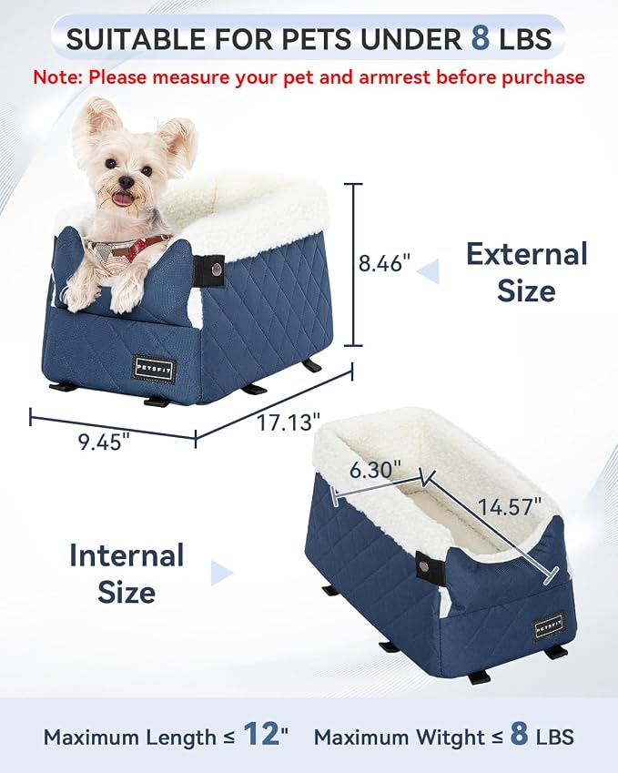 PETSFIT Center Console Dog Car Seat with Safe Protection Hooks, Pet Car Seat with Upgraded Safety Tethers, Washable Cushion, Console Dog Car Seats for Small Dogs Up to 8 Lbs(Blue)