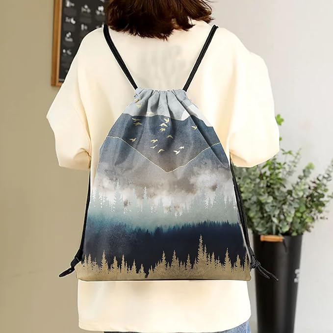 Drawstring Backpack Draw String Sports Bags for Gym Travel Beach Waterproof Cute Sackpack Men Women Aesthetic (13"×17")-Forest