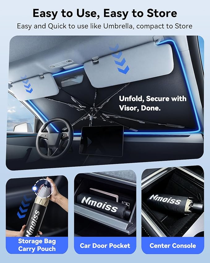 Nmoiss Windshield Sun Shade Umbrella for Silverado - [Vinyl Coating Heat Shield] Protect Car from Sun Rays & Heat Damage Keep Cool and Protect Interior, Spring Structure Edge