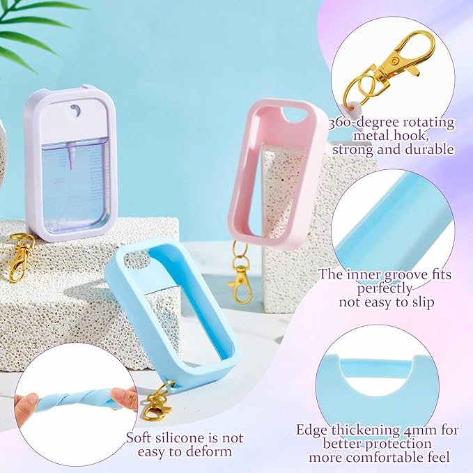 Honeydak 6 Pcs Silicone Case Compatible with Touchland Hand Sanitizer Spray Protective Case with Keychain for Power Mist and Glow Mist 1 Fl oz Hand Sanitizer Spray Accessory (Pink,Blue,Purple)