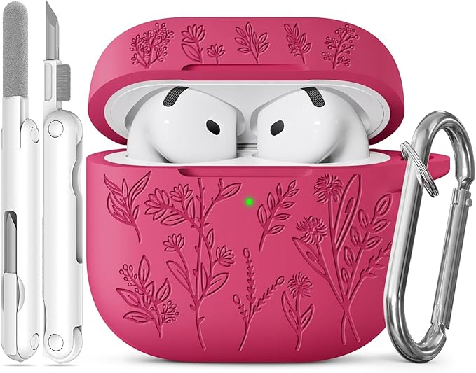 for Airpods 4 Case, Ekoonpft Flower Engraved Cases for Apple AirPods 4th Generation 2024, Soft Silicone Cover for Women Girly with 3-in-1 Cleaning Kit & Keychain, Anti-Scratch, Shockproof, Garnet Red