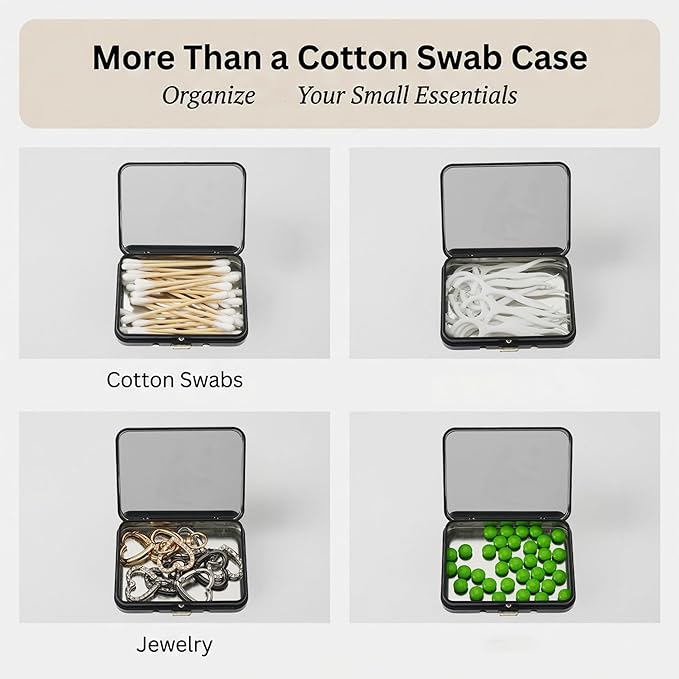 2PCS Cotton Swab Holder for Travel,Portable Floss Pick Holder Case with Mirror,Storage Box for Cotton Swabs, Dental Floss, Hair Ties, and Small Essentials(Black)