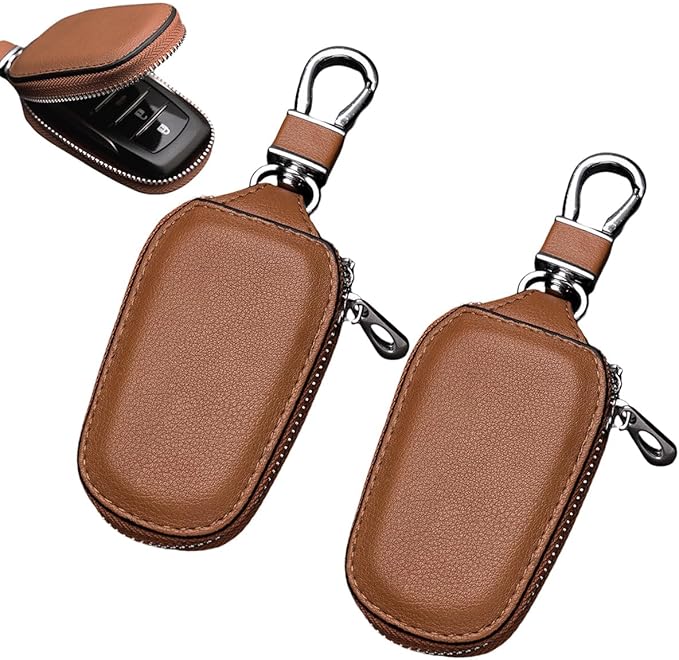 Yourkar 2 PCS Car Key Case, Genuine Leather Auto Key Fob Storage Bag, Key Chain Holder Key Ring Zipper Bag, Car Accessories (Brown)