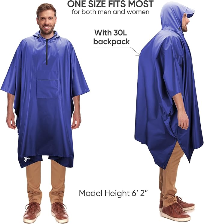 PTEROMY 3-in-1 Hooded Rain Poncho for Adult with Pocket, Waterproof Lightweight Unisex Raincoat for Hiking Camping Emergency