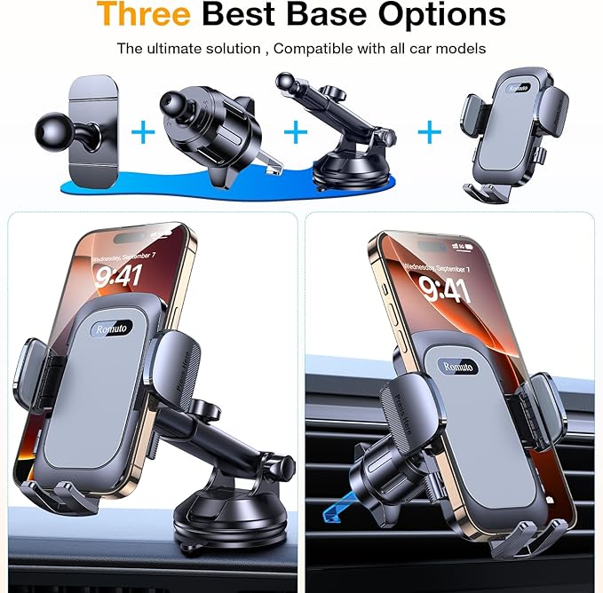 Romuto Phone Holders for Your Car Phone Holder Mount【Super Suction】 Cell Phone Mount for Car Accessories for Women Men Windshield/Vent/Dash Truck Stand Desk Mount Clamp Holder for iPhone Samsung