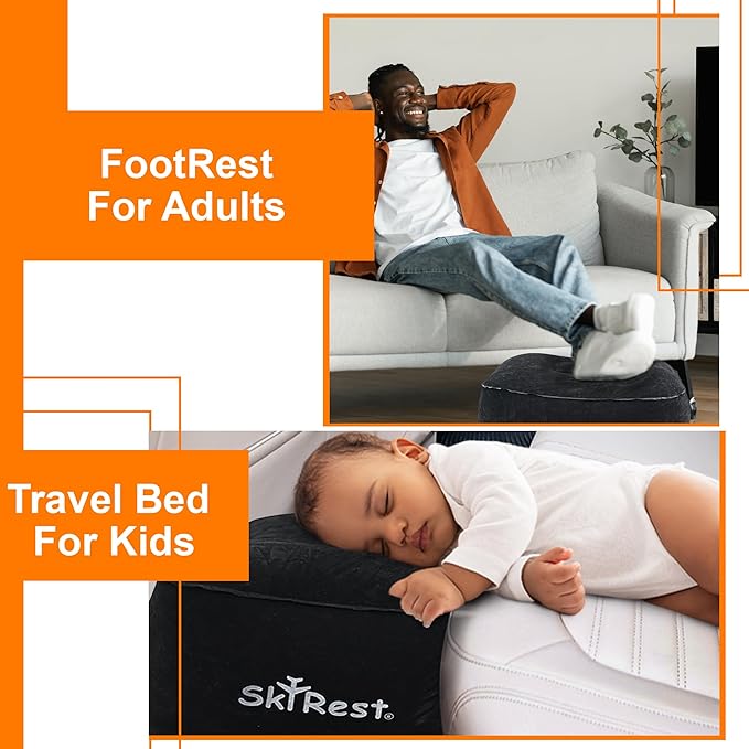 Inflatable Foot Rest Pillow for Airplane Travel - Adjustable Leg Rest for Long Flights, Baby/Toddler Airplane Seat Extender - Black