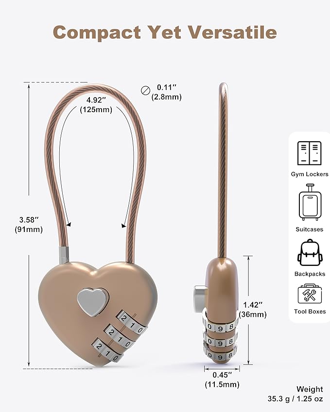 Combination Lock for Locker, Small Cable Lock with Code, 3 Digit Padlock Combination, for Luggage, Gym Locker, Suitcase, Backpack Zipper, Cabinet, Toolbox, Outdoor Fence Gate, Travel Safe