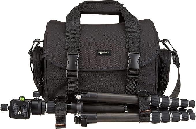 Amazon Basics Large DSLR Gadget Bag with Multiple Compartments, Pockets, Shoulder Strap, Black with Orange Interior