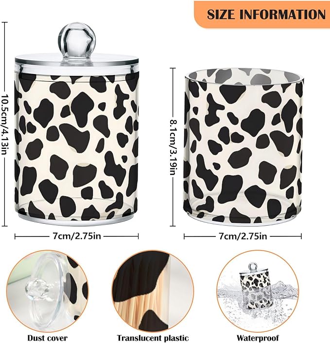 2 Pack Qtip Holder Organizer Dispenser Black Cow Skin Print Bathroom Storage Canister Cotton Ball Holder Container for Cotton Pads/Swabs/Floss