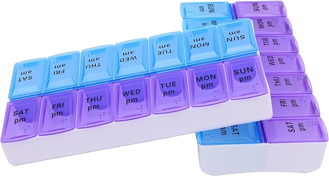 7 Day Weekly AM PM Pill Organizer, ShysTech Large Pill Case Pill Box for Pills Vitamin Supplements Medication (Purple/Blue)