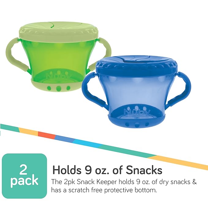 Nuby Toddler Snack Cups with Soft Flaps Lids - (2 Pack) 9 oz - Spill-Resistant Snack Containers for Kids - Portable Food Holders for Travel or Home - Blue and Green