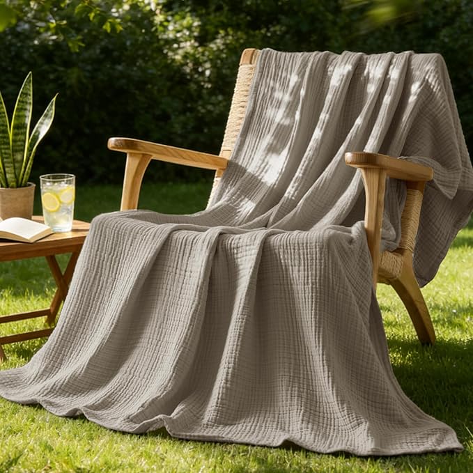 BEDELITE 100% Cotton Muslin Blankets for Adults - 4-Layer Large Throw Breathable and Lightweight Gauze Blanket for Couch, Bed, Travel and Summer, Soft & Cozy Gift for Women, Taupe, 50"x70"