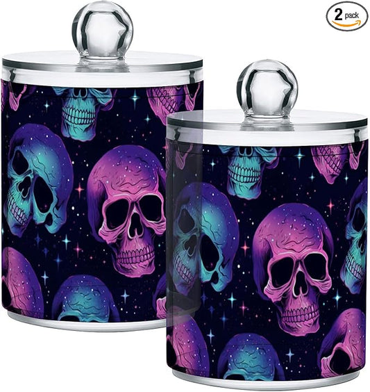 2 Pack Qtip Holder Organizer Dispenser Neon Skulls Bathroom Storage Canister Cotton Ball Holder Container for Cotton Pads/Swabs/Floss