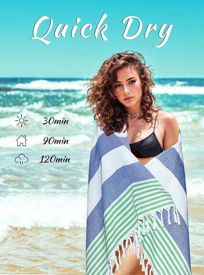 cabanana Turkish Beach Towel Oversized - 40"x70" Quick Dry Sand Free Thin Beach Towels for Adults,Extra Large Cotton Lightweigh Travel Towel for Beach Accessories (Blue Turquoise)