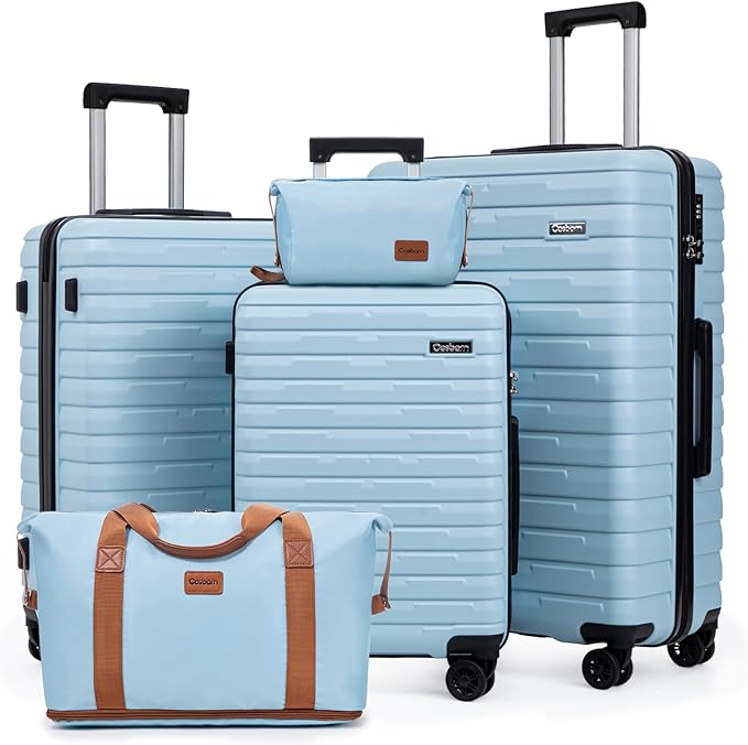 Cosbarn Luggage Sets 5 Piece, Suitcases with Wheels, PP Hard Case Luggage with Upgraded Shock-absorbing Spinner Wheel&TSA Lock, Carry On Luggage Set (SkyBlue, 5 Piece Sets (20/24/28/DB/TB))