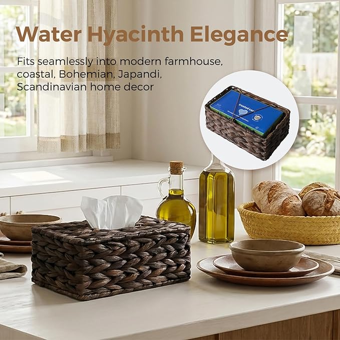 Rectangle Wicker Tissue Box Cover Fits 120-Count (3-Ply) / 160-Count (2-Ply) Boxes, Natural Rattan Woven Facial Tissue Holder, Decorative Tissue Box Holder for Bathroom, Brown