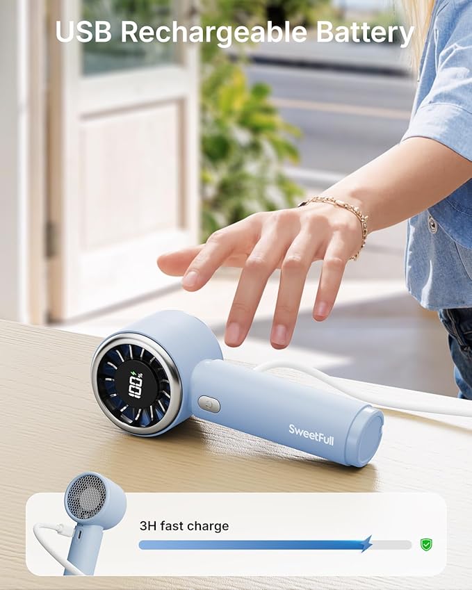 SWEETFULL Mini Fan Portable - Cute Handheld Turbo Fan with Rechargeable Battery, 5 Speeds, Small Hand Personal Travel Essentials for Women, Girls, Kids, Lash, Makeup - Light Blue
