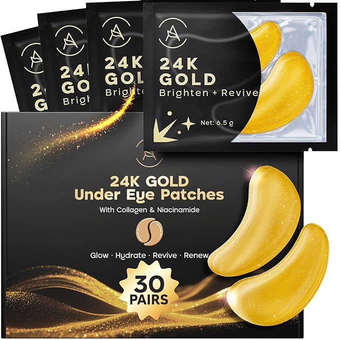 AURAE 24K Gold Under Eye Patches (30 Pairs) - Eye Mask for Dark Circles, Puffiness & Wrinkles - Hydrating Treatment for a Revitalized Look