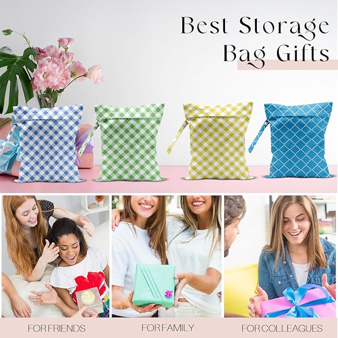 Wet Bag, 4Pcs Wet Dry Bag Set, Waterproof Reusable Bags with Gingham Plaid for Women, Suitable for Beach Trips, Pool Activities, Travel & Daily Organizing