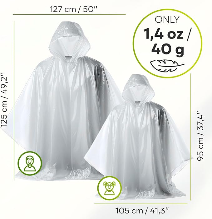 ZENO Disposable Rain Ponchos for Adults & Kids - Rain Poncho Family pack - Clear, Compact, Breathable, Emergency Ponchos with Hood - Travel Rain Poncho Hiking, Camping
