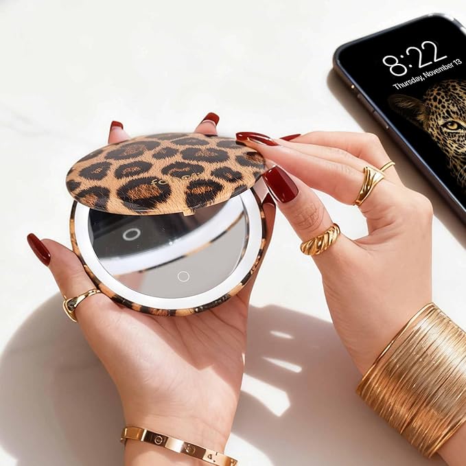 Fancii Mini Taylor Compact Magnifying Mirror with LED Light, 10x/1x, Rechargeable, 3 Light Settings, Dimmable-Small Lighted Travel Handheld Mirror for Pocket, Handbag, Purse, 2-Sided (Cheetah Chic)