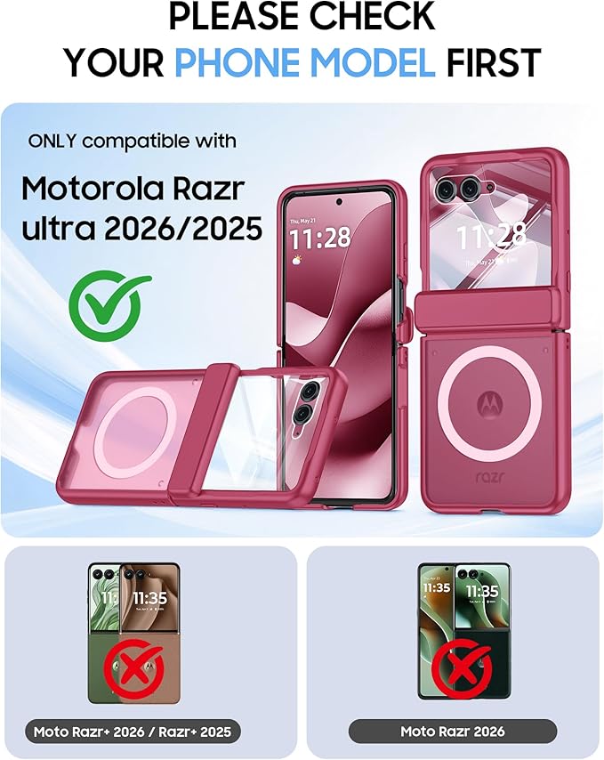 Magnetic for Motorola Razr Ultra 2026/2025 Case,Hinge Protection, Screen Protector, Compatible with MagSafe, Translucent Frosted, Shockproof Slim Cover for Razr Ultra 2026/2025-Rose Red