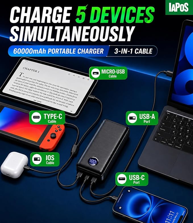 Portable Charger Power Bank - 60,000mAh Battery Pack, 22.5W Fast Charging Phone Charger Attached USB-C/iOS/Micro-USB Cable, Powerbank for iPhone 17 16 15 14 13 Samsung, for Travel Camping Essentials