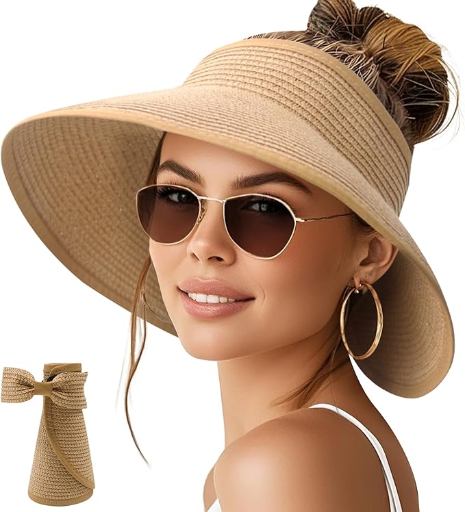 NPQQUAN Sun Visor Hats for Women Wide Brim Ponytail Straw Beach Hat Packable Foldable UPF 50+ Floppy Travel Hats