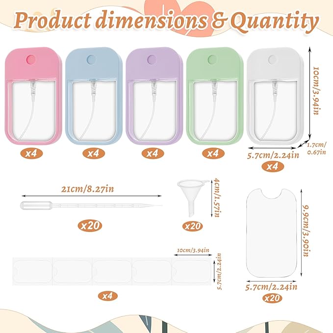 20 Pack Sublimation Blanks Card Perfume Spray Bottle 45 ml Mini Portable Sprayer Bottle with Funnel Perfume Dispenser 20 PCS Double-Sided Sublimation Aluminum Sheets for Travel