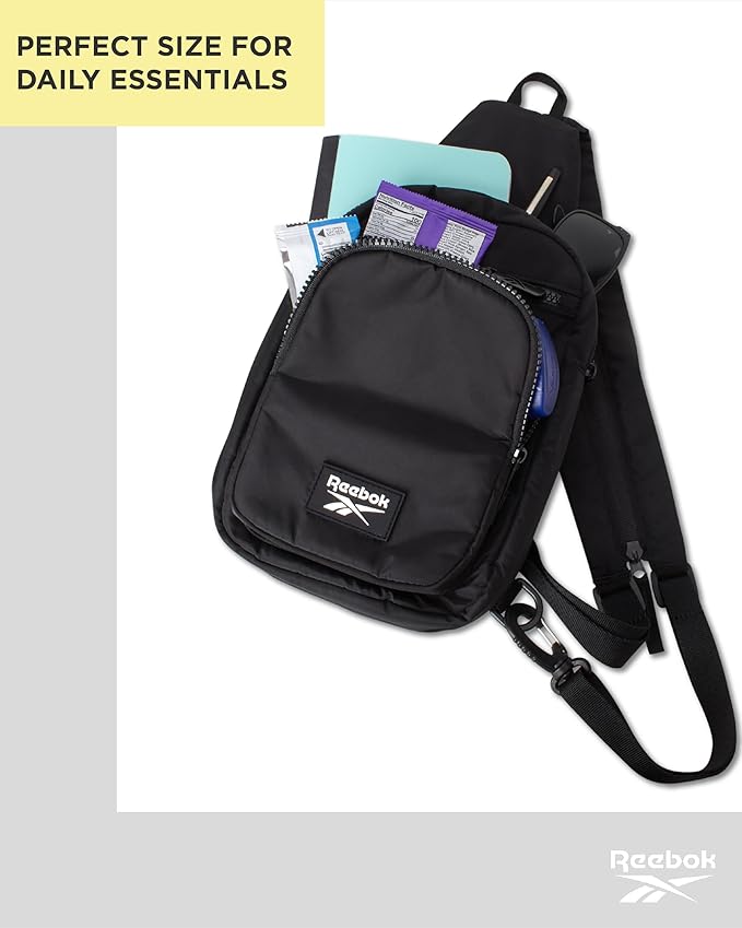 Reebok Unisex Crossbody Bag - Convertible Compact Durable Cross Body Bag for Women and Men - Gym and Travel Essentials, Size One Size, Cosmos Black With White Logo