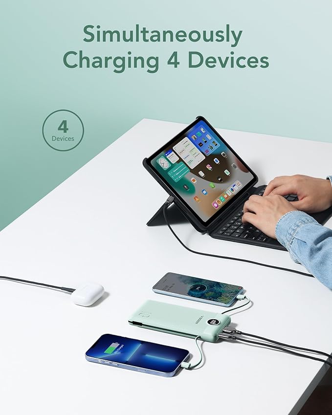 VEGER Portable Charger with Built-in AC Plug and Cables, All in One 10000mAh Ultra Slim Power Bank Emergency Fast Charging for Travel Battery Pack Compatible with iPhone, Samsung, Android, Green