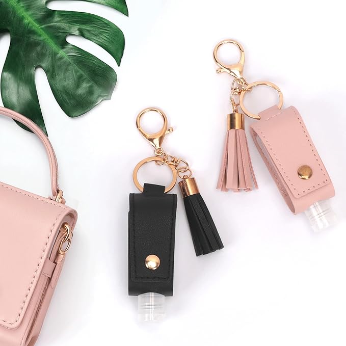 Unaone 1oz/30ml Hand Sanitizer Holder Travel Size, Empty Bottles Leather Sanitizer Holder with Keychain Portable Small Squeeze Bottle Refillable Container for Toiletry Lotion Liquid Soap Shampoo Pink