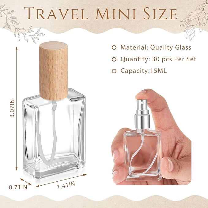 Domensi 30 Pcs 10/15/30/50 ml Glass Perfume Bottles Mini Glass Empty Spray Atomizer Bottles Bulk Refillable Perfume Dispenser Container with Pump Tool for Travel Skin Care (15 ml,Light Woddy Color)