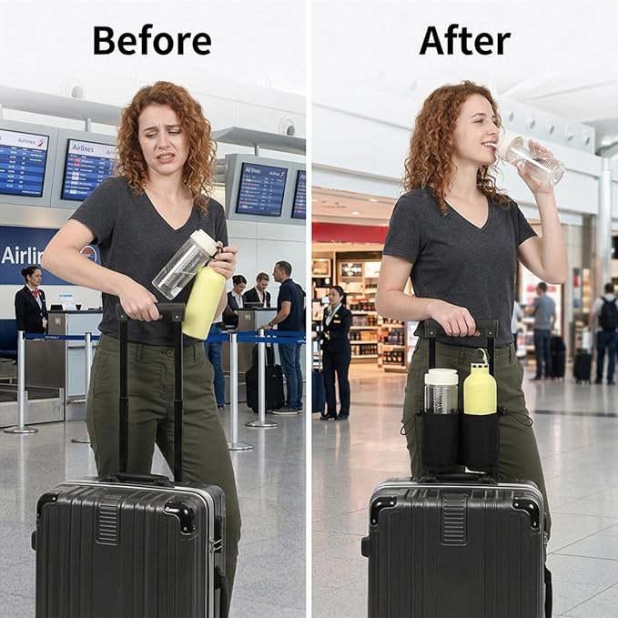 Luggage Travel Cup Holder Luggage Cup Holder for Suitcases Adjustable Free Hand Drink Carrier Hold Two Coffee Mugs Fits Roll on Suitcase Handles Gifts for Flight Attendants Travel Accessories, Black