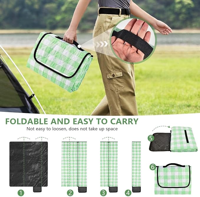 OBTANIM Extra Large Picnic Blanket 60 x 80 Inch Waterproof Foldable Beach Blankets Outdoor Picnic Mat for Camping Grass Lawn Park Music Festival Party Accessories (Green and White)