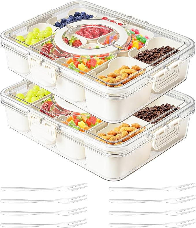 Dunruz Snackle Box Container,Portable Snack Box 8 Compartment Divided Serving Tray with Lid,Clear Storage Organizer for Fruit Candy Nuts Veggie-Perfect for Road Travel Party (2 Pack-8 Compartments)