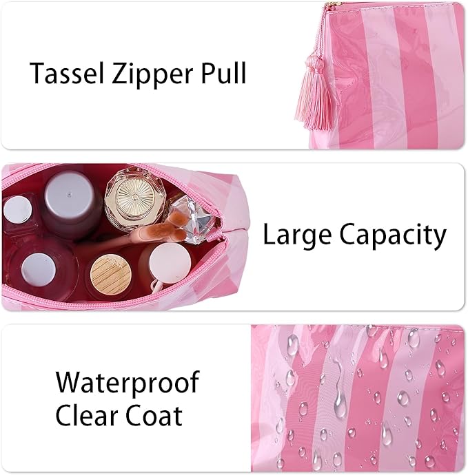 DYSHAYEN Makeup Bags for Purse,Small Clear Coated Cosmetic Bags for Women Girls, Waterproof Travel Organizer Zipper Pouch Beach Vacation Essentials (Pink-Hot Pink)