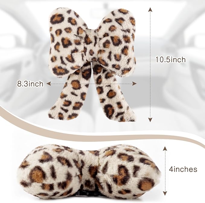 Macarrie 2 Pcs Car Neck Pillow Plush Butterfly Bow Car Headrest Pillow Comfortable Seat Neck Support Cute Head Rest Accessories for Driving Travel Driver Chair Girl Interior Decor(Gray,Leopard)