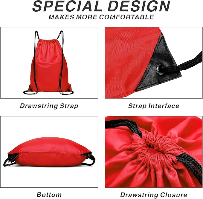 Drawstring Backpack Sports Water Resistant String Bag Sport Gym Sackpack for Women Men Large with Zipper, Red