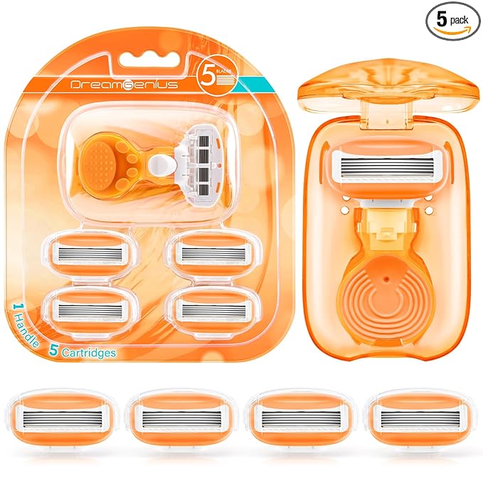 DreamGenius Travel Razors for Women Include 1 Handle and 5 Cartridges, Extra Smooth 5-Blade Travel Essentials Razor with Case for Shaving, Orange