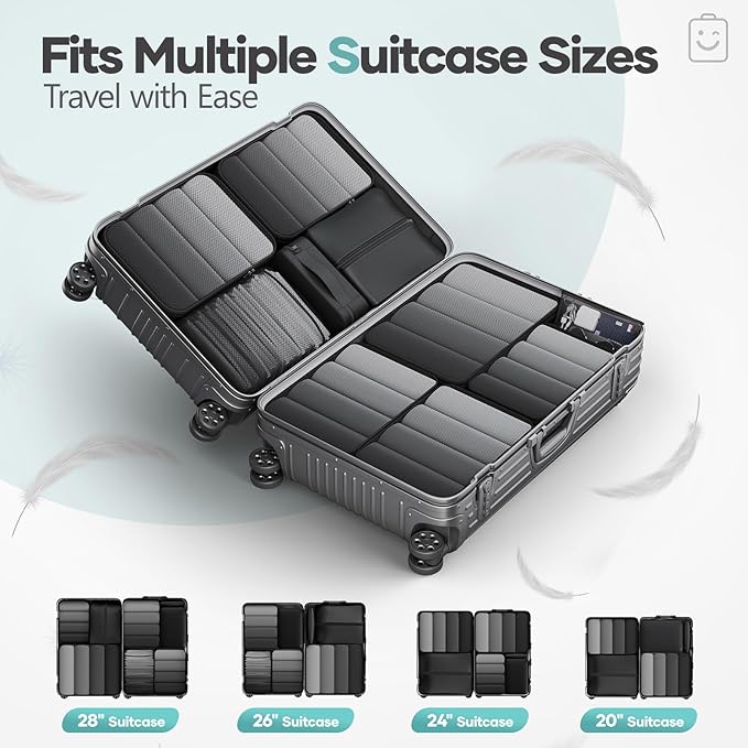 Veken 10 Set Compression Packing Cubes for Travel Essentials,Compressible Expandable Large Luggage Suitcase Organizer Bags for Clothing,Durable Space Saver Storage Bags with Toiletry Bags(Black)
